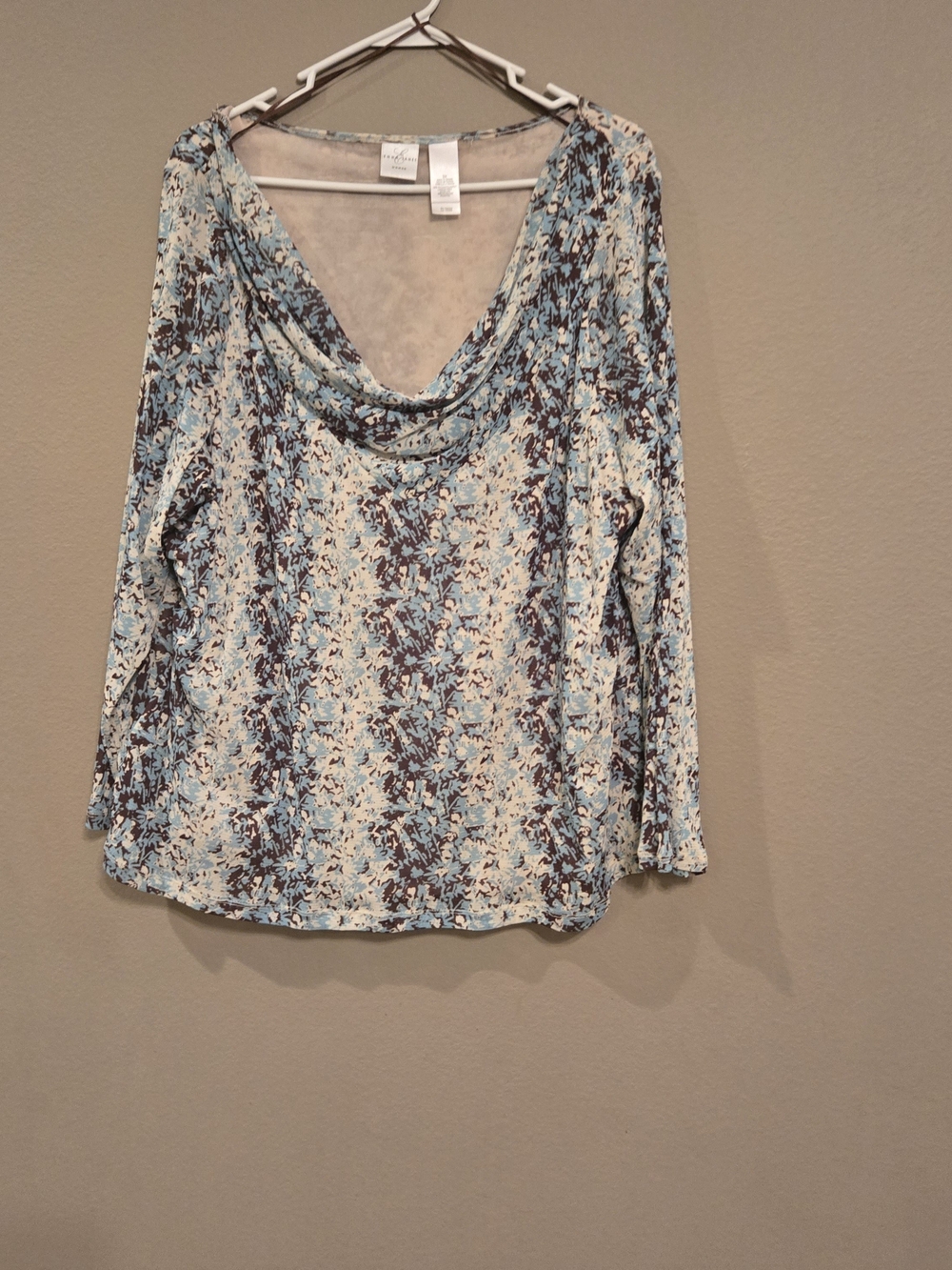 Emma James Light Teal Blue Floral Cowl-Neck Long Sleeve Top Size 3X